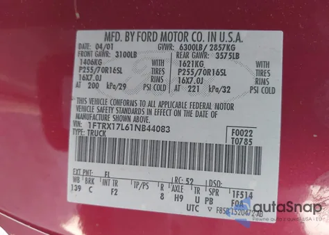 2001 Ford F-150 Lariat/Xl/Xlt from USA, damaged, VIN 1FTRX17L61NB44083